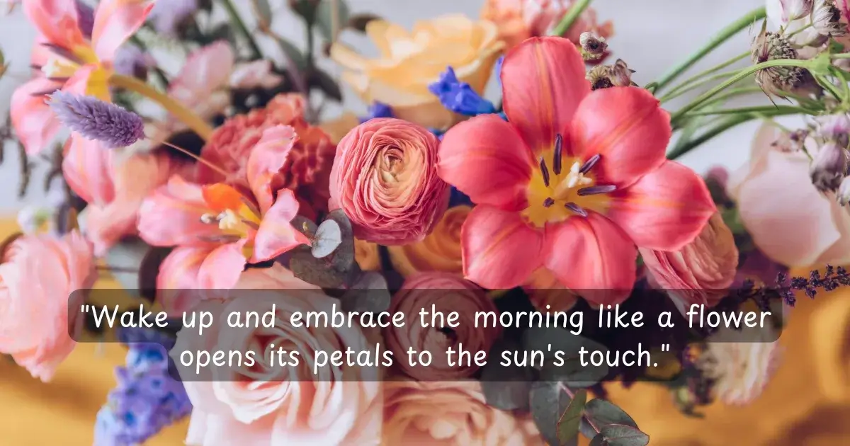 Good morning quote with flowers image - "Wake up and embrace the morning like a flower opens its petals to the sun's touch."