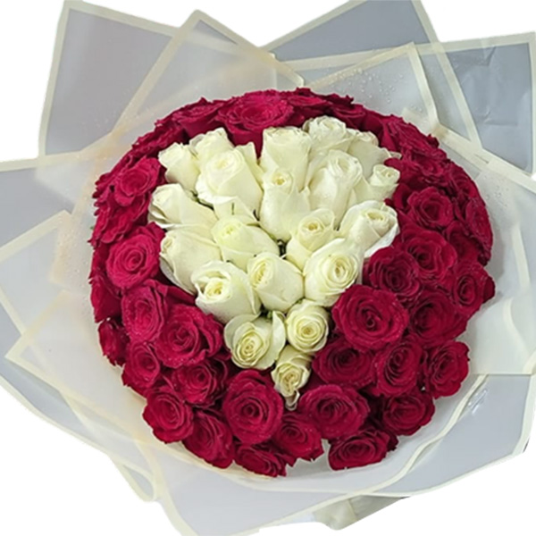 A beautiful flowers bouquet of 100 red and white roses