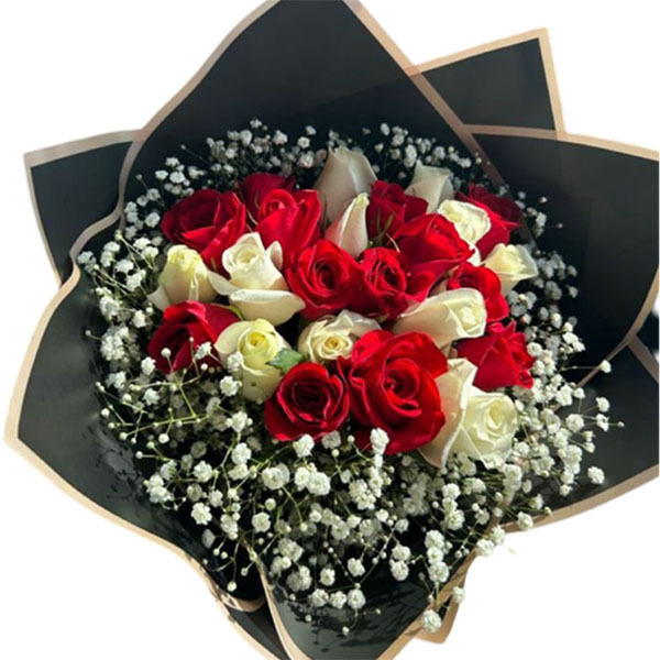 25 red and white roses bouquet