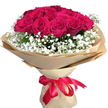 Beautiful bouquet of 30 fresh roses with Gypsophila