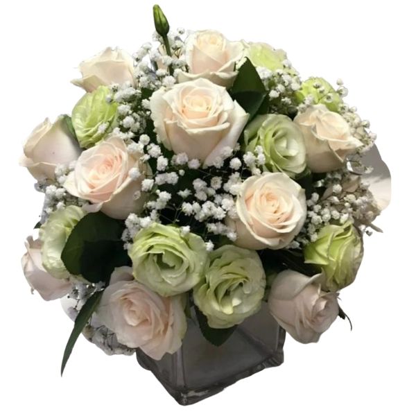 20 white and green roses centerpiece with gypsophila in a modern glass vase.