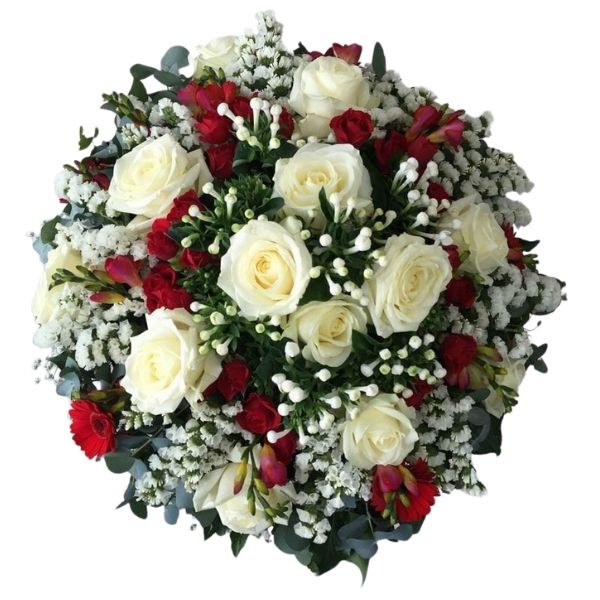 Close view of 10 white roses & 5 red Alstroemeria centerpiece.