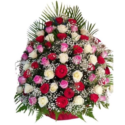 Close view of 101 roses basket - red, pink and white color of roses are available.