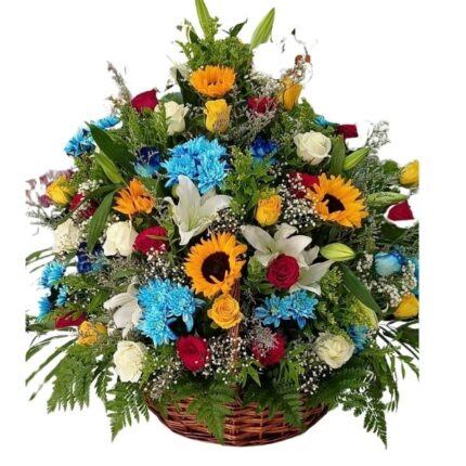 A ColorBurst Flowers Basket – Vibrant Mixed Flowers Arrangement