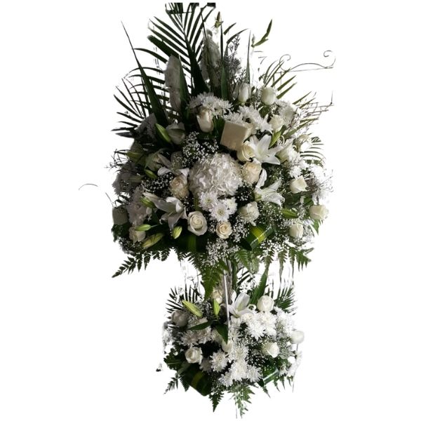 White Flower Stand with white lilies, roses, chrysanthemums, and baby’s breath, perfect for corporate events, weddings, and memorial services.