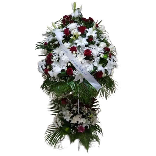 Pure Charm flower stand with white lilies, red roses, white chrysanthemums, and baby’s breath, perfect for grand openings and formal events.