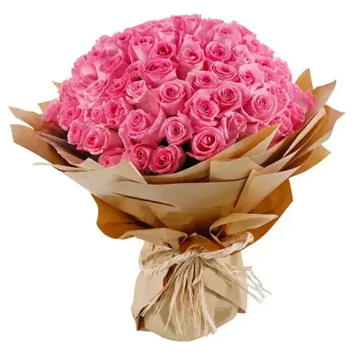 A beautiful bouquet of 50 fresh Revival Pink Roses arranged in soft pink wrapping with a ribbon, perfect for any romantic occasion or special celebration.