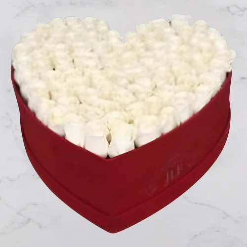 Frosty Heart Box Dubai – heart-shaped box with 50 customizable white roses for birthdays and anniversaries