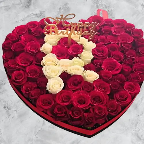 Happy Birthday Roses Dubai – heart-shaped 70 red & white roses with ‘R’ for birthdays.