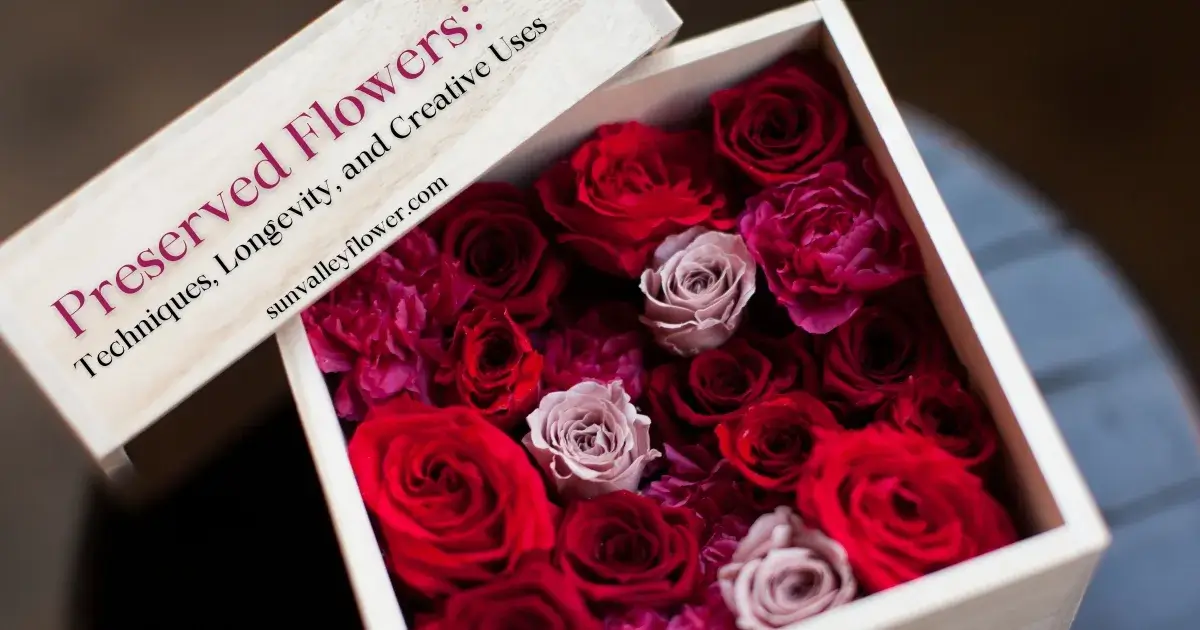 Box of preserved red and pink roses with the label "Preserved Flowers: Techniques, Longevity, and Creative Uses" by Sun Valley Flower, Dubai.