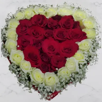 Red-White Passion Heart Dubai – heart-shaped 45 red & white roses for birthdays and anniversaries