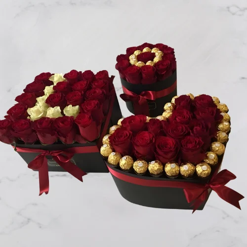 Choco Rose Bliss – red roses & Ferrero chocolates in black boxes for romance and love