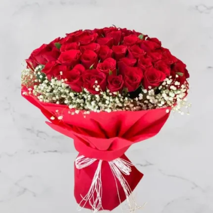 Red Romance Whisper – 50 red roses & gypsophila bouquet for romance and love.