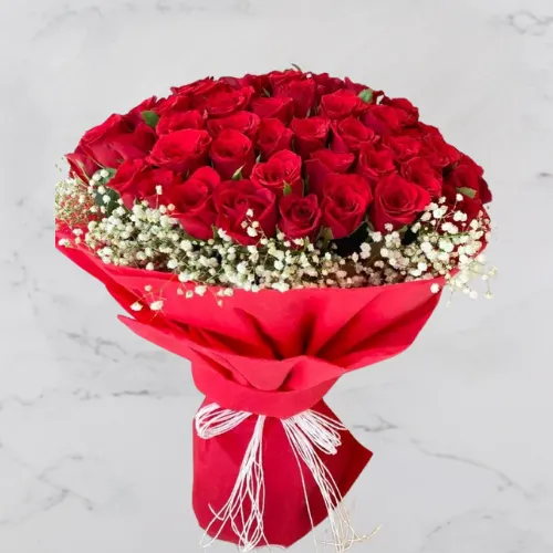 Red Romance Whisper – 50 red roses & gypsophila bouquet for romance and love.