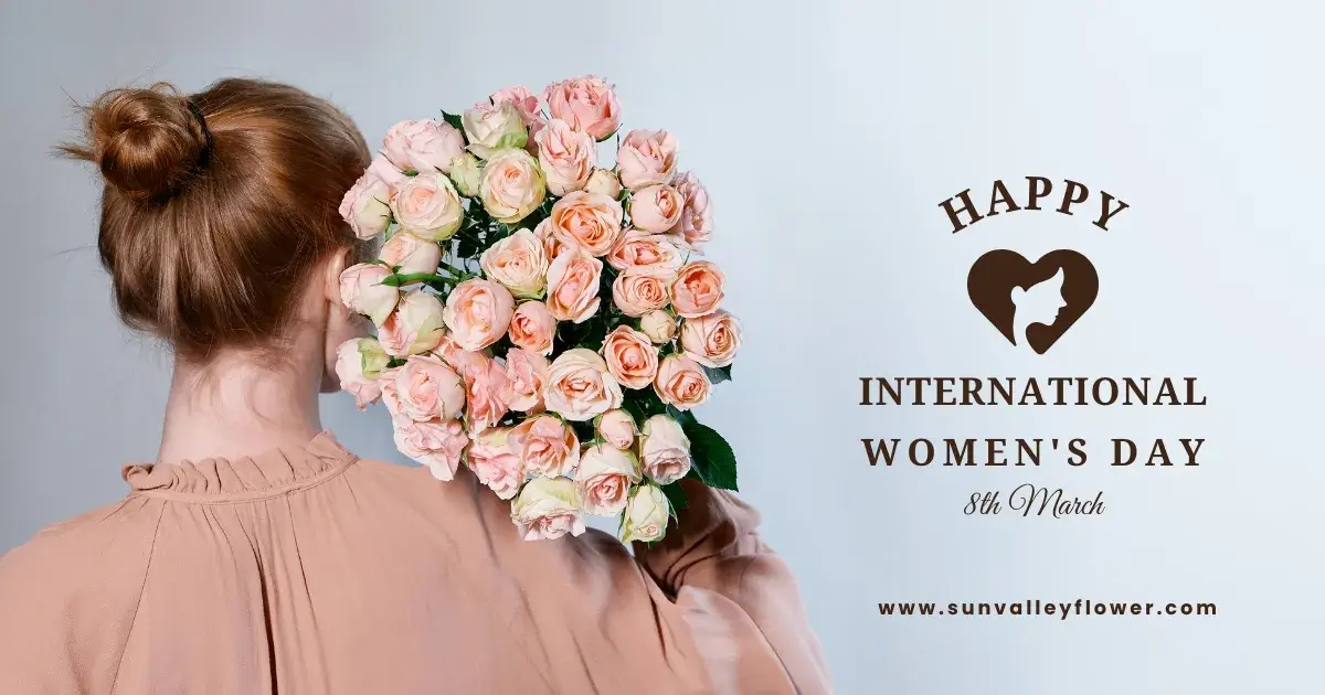 Woman holding pink roses bouquet for Women's Day 2025 by Sun Valley Flower Dubai, celebrating on 8th March.