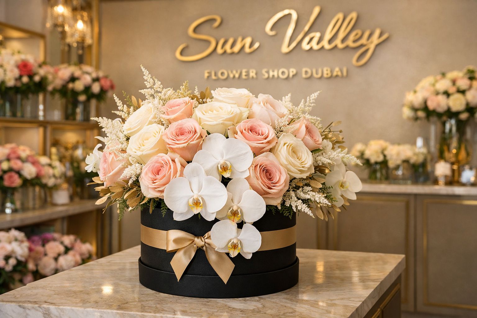 Luxury flower bouquet with premium roses and orchids arranged in a designer box inside Sun Valley Flower Shop Dubai, showcasing elegant floral design and luxury gifting