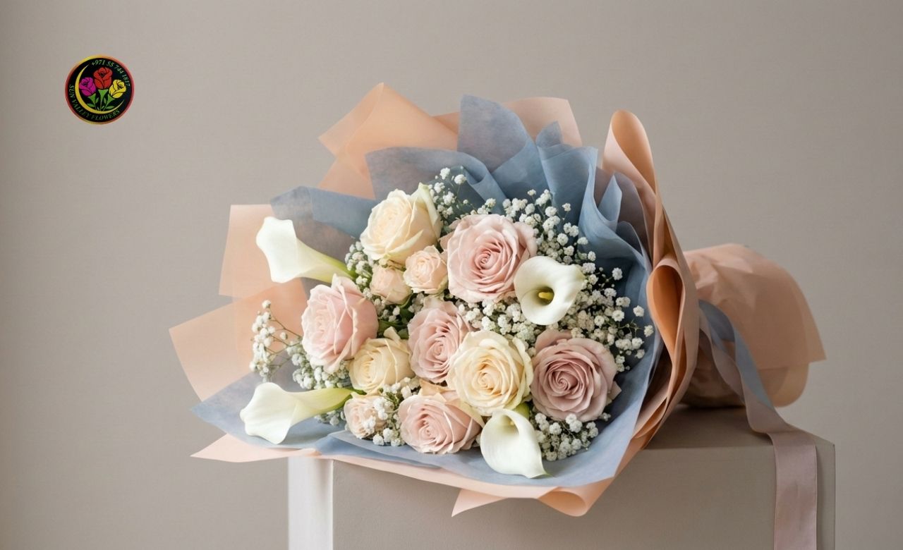 Premium luxury flower bouquet with fresh roses, lilies, and baby’s breath, handcrafted by Sun Valley Flower with same-day delivery in Dubai